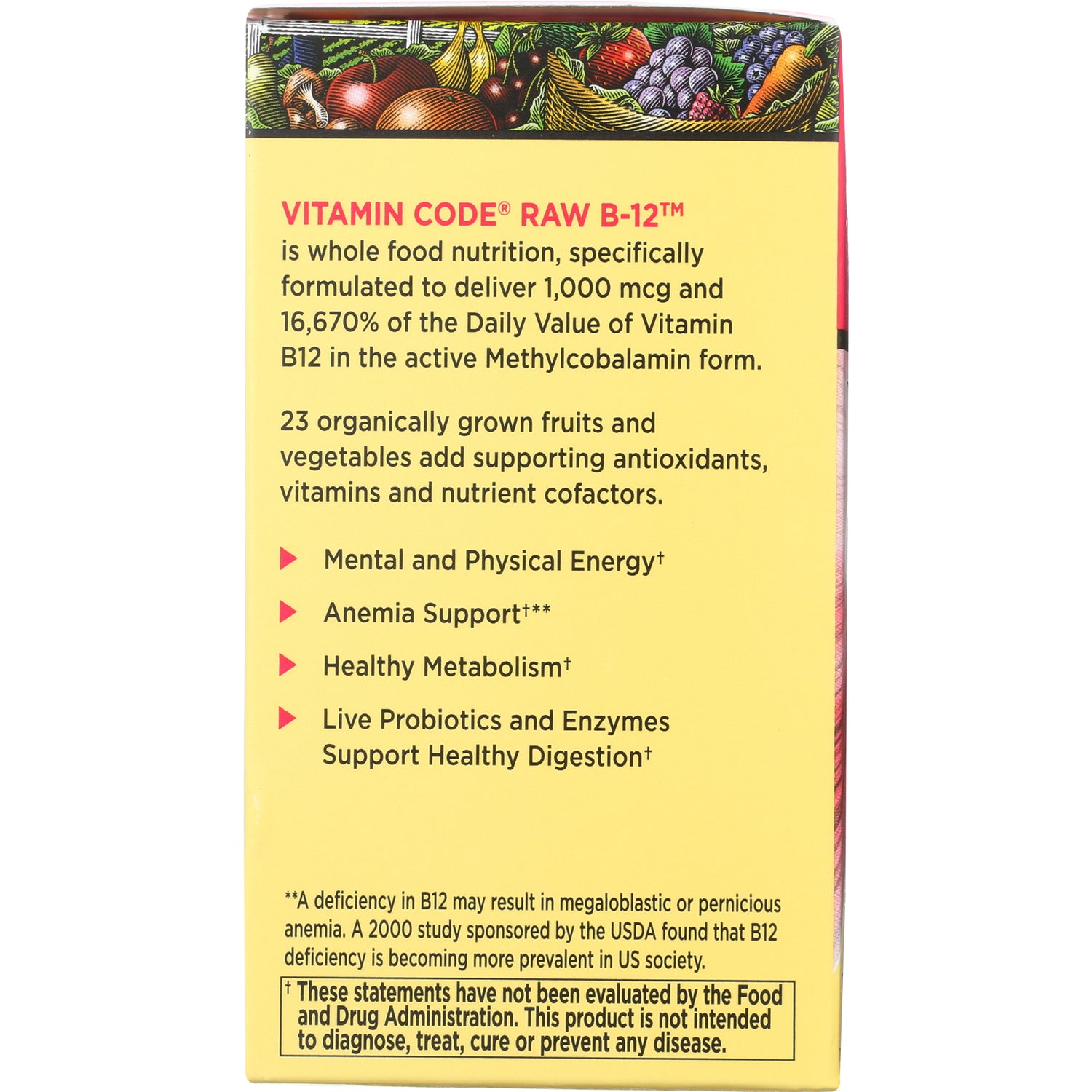 GLF101 | product infographic panel for Vitamin Code Raw B-12 listing benefits, ingredients, and usage highlights
