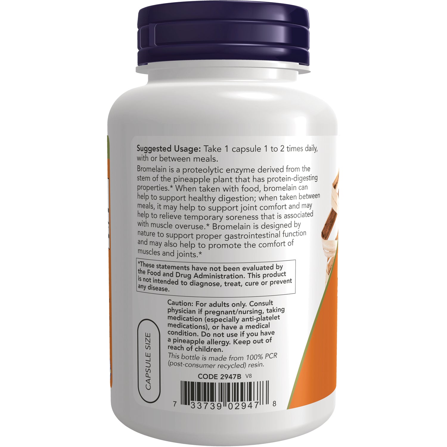 NWF801 | Back label of white supplement bottle showing suggested usage, caution text and barcode