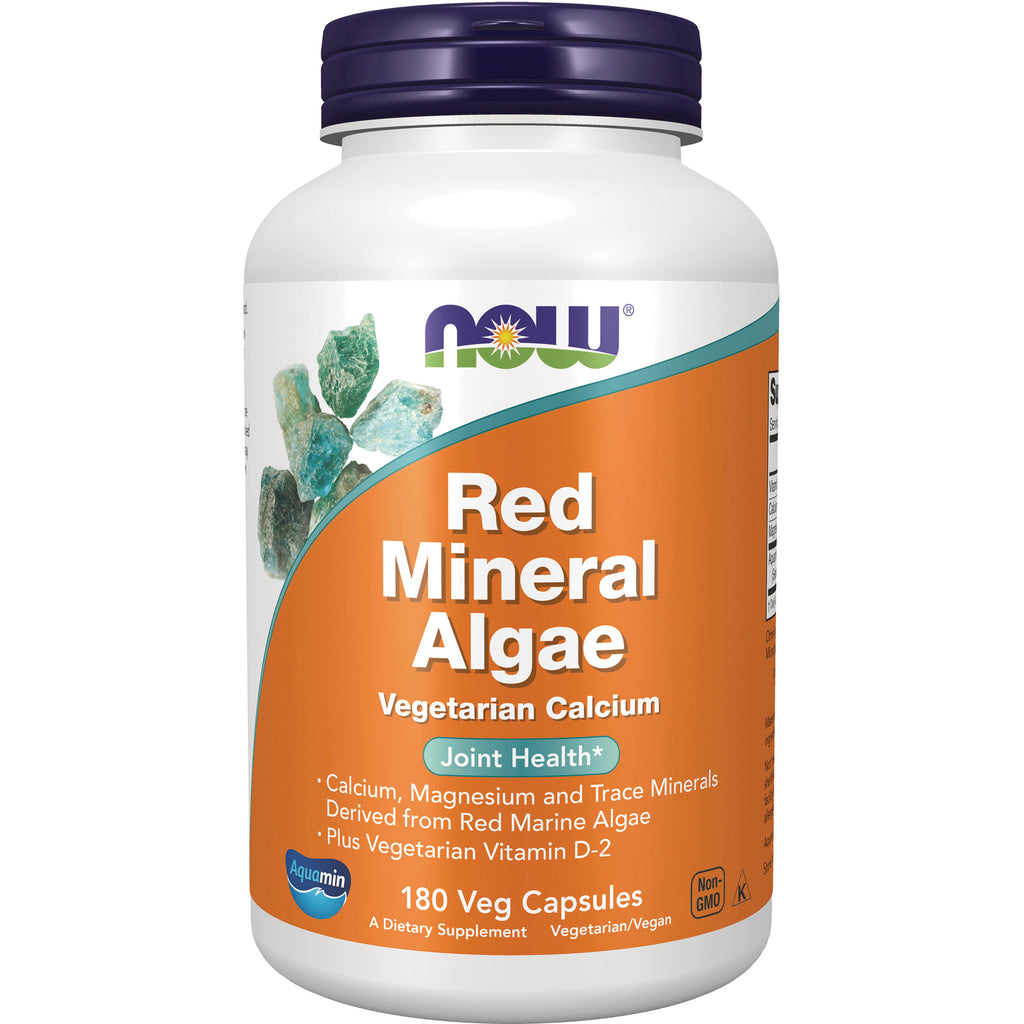 NWF178 | NOW Red Mineral Algae vegetarian calcium bottle front showing Red Mineral Algae, Vegetarian Calcium and 180 Veg Capsules - Thumbnail