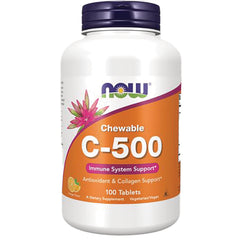NWF234 | NOW Chewable C-500 vitamin C bottle, orange label, 100 tablets