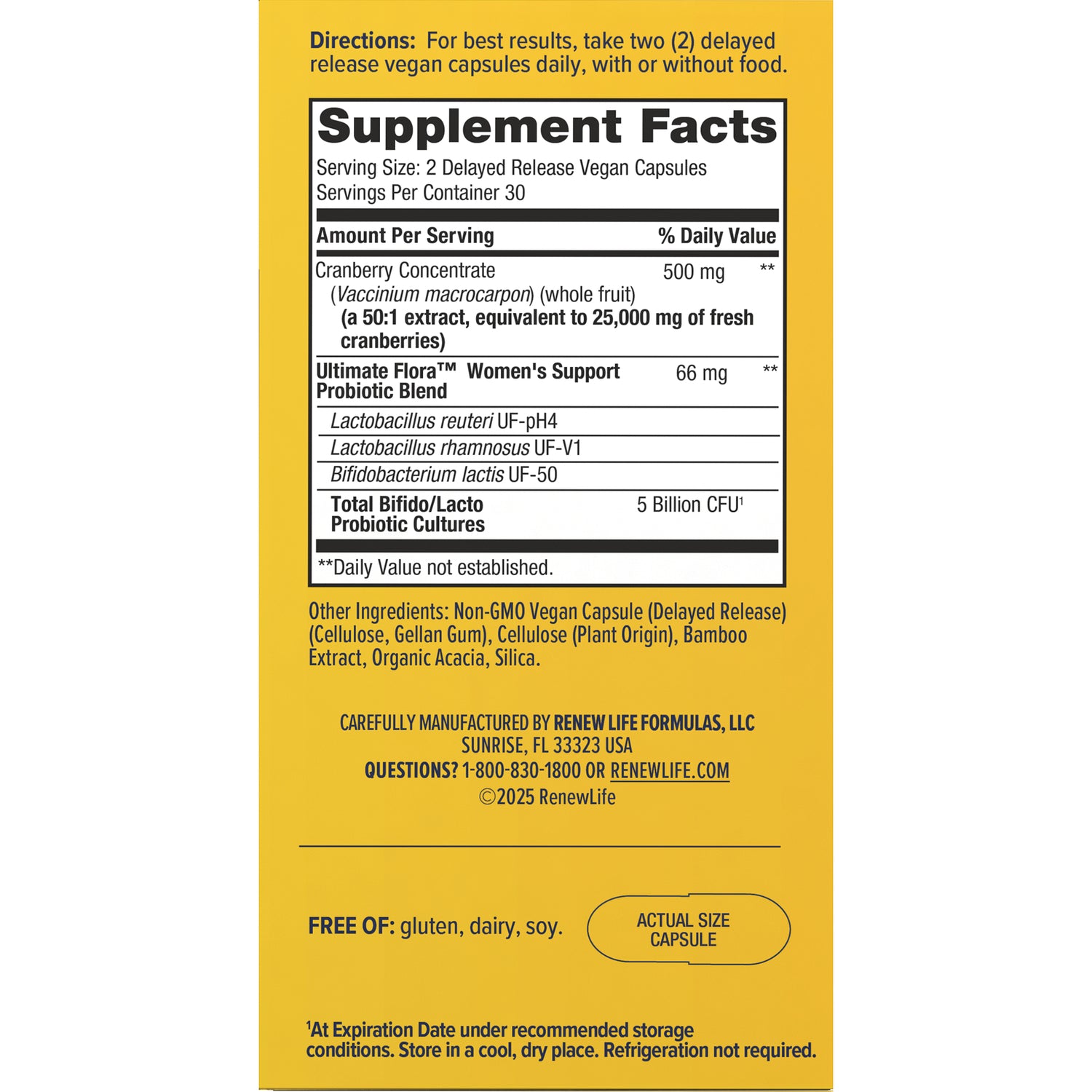 RNL251 | Supplement Facts panel and ingredients list on yellow product back with directions and contact information