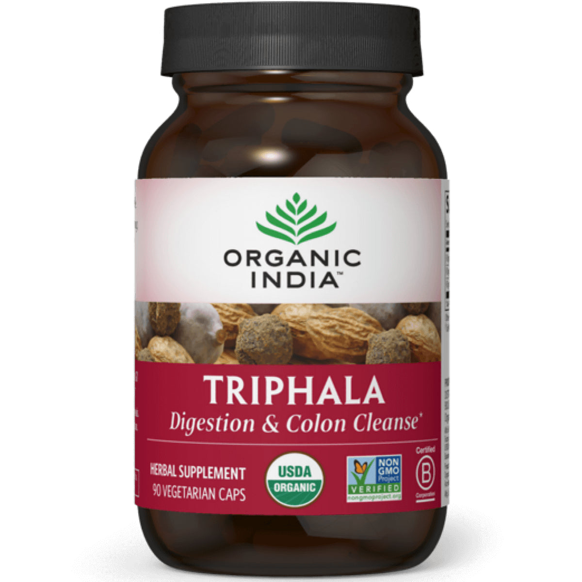 RGN036 | Organic India Triphala supplement bottle front labeled Digestion & Colon Cleanse, 90 vegetarian caps, USDA Organic