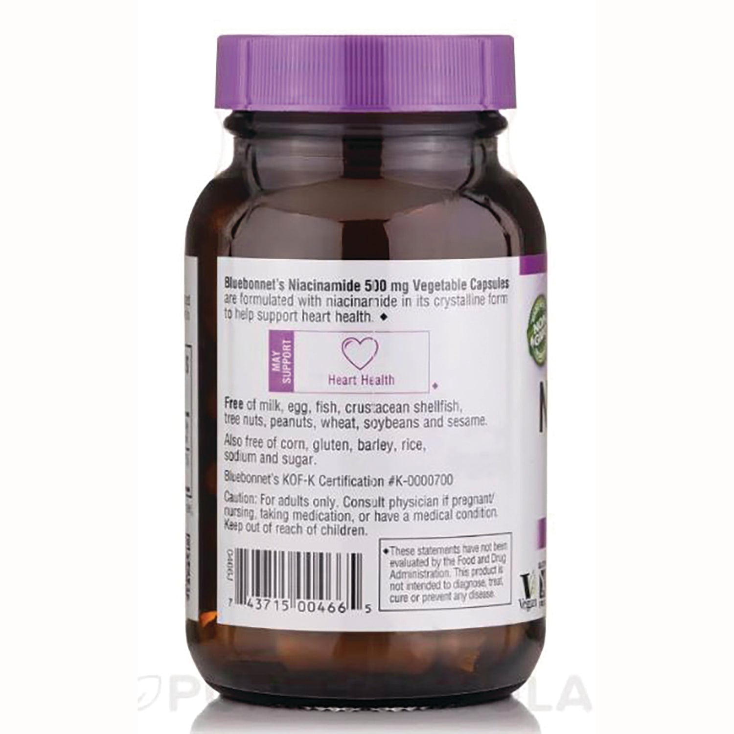 BLU105 | Back of brown supplement bottle with purple cap showing label text Heart Health, allergen information and barcode