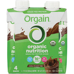 OGN001 | Orgain organic nutrition four-pack creamy chocolate fudge grass-fed protein shake carton