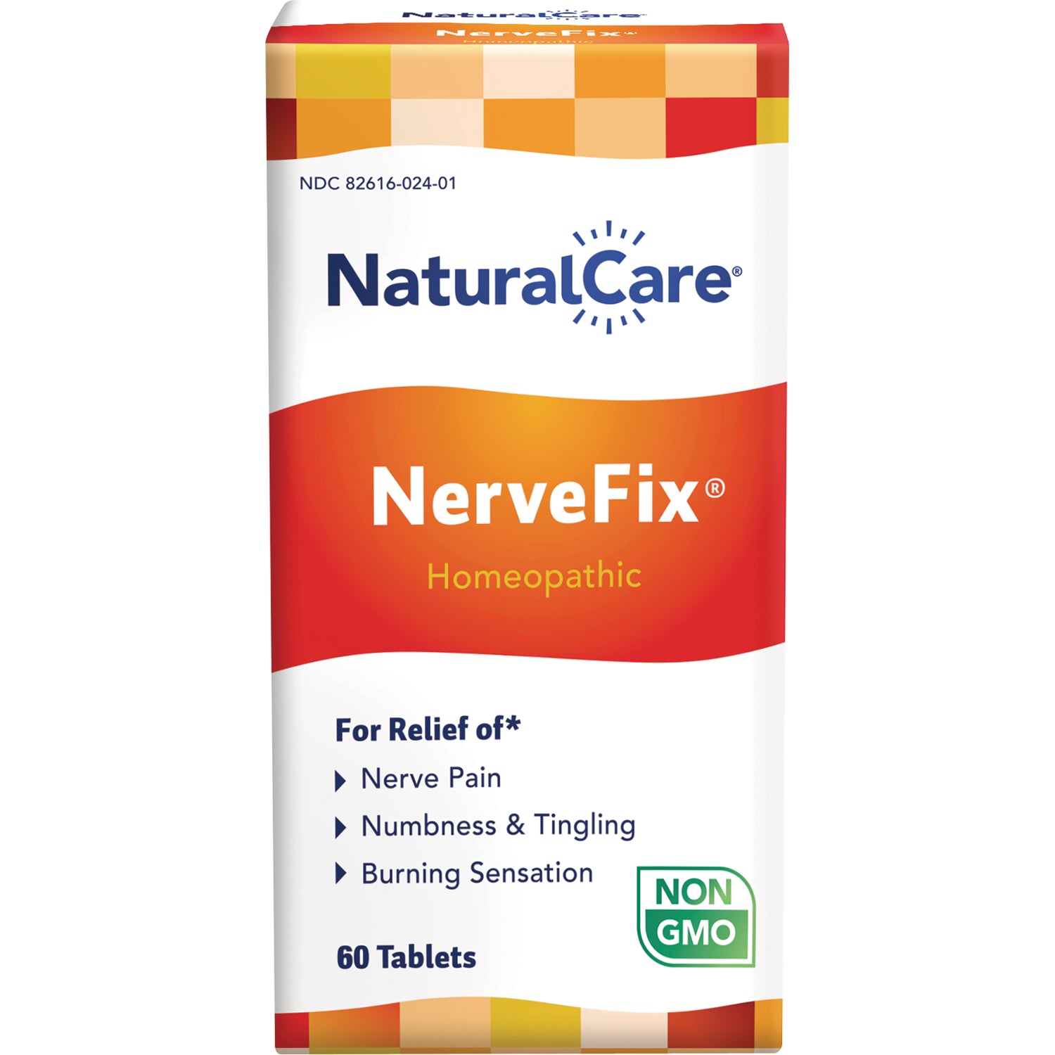 NAC56 | NaturalCare NerveFix homeopathic box front listing nerve pain, numbness & tingling, burning sensation, 60 ct, Non GMO