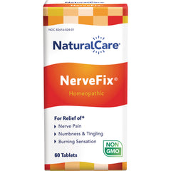 NAC56 | NaturalCare NerveFix homeopathic box front listing nerve pain, numbness & tingling, burning sensation, 60 ct, Non GMO