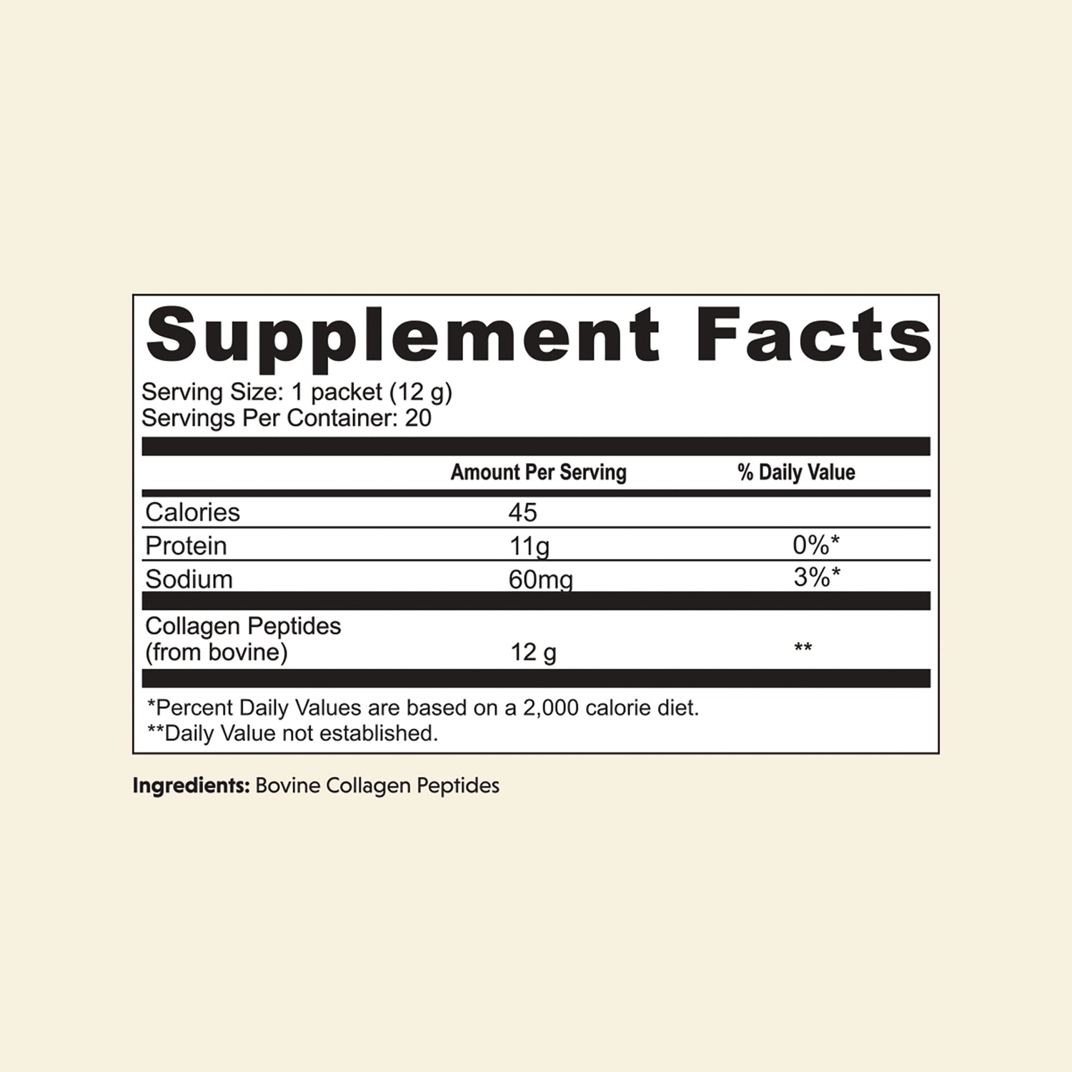 GLK014 | Supplement Facts label showing serving size 1 packet (12 g), 45 calories, 11 g protein, 60 mg sodium, 12 g collagen peptides; ingredients Bovine Collagen Peptides