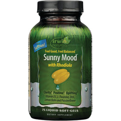 IR090 | Sunny Mood with Rhodiola supplement bottle front, green label reading Sunny Mood, 75 liquid soft-gels