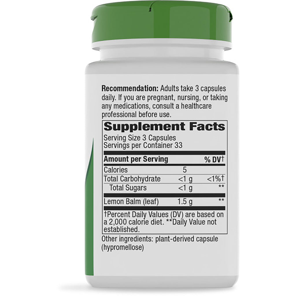NW918 | Back label of supplement bottle showing Supplement Facts panel, serving size 3 capsules and ingredient Lemon Balm 1.5 g - Thumbnail