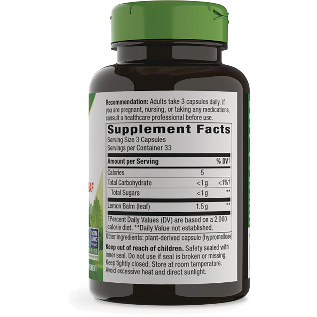 NW918 | Back label of supplement bottle showing Supplement Facts panel, serving size 3 capsules and ingredient Lemon Balm 1.5 g - Thumbnail