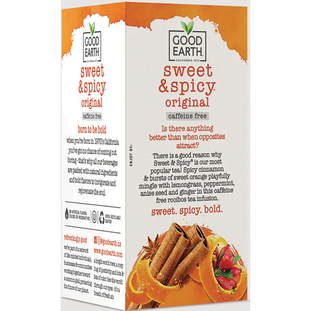 GET007 | Back panel of Good Earth Sweet & Spicy caffeine free tea box with product description and cinnamon orange illustration - Thumbnail