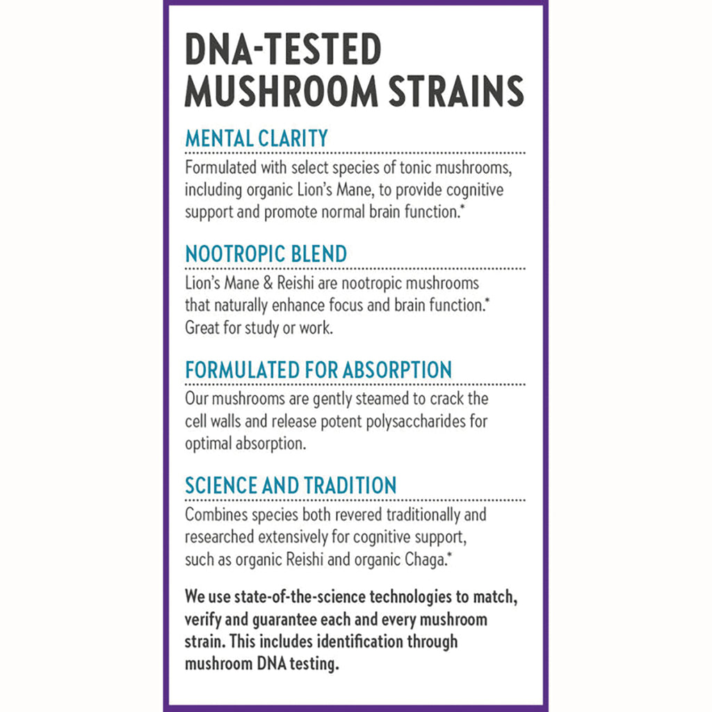 NWC267 | Product infographic titled DNA-tested mushroom strains listing benefits: mental clarity, nootropic blend, absorption - Thumbnail