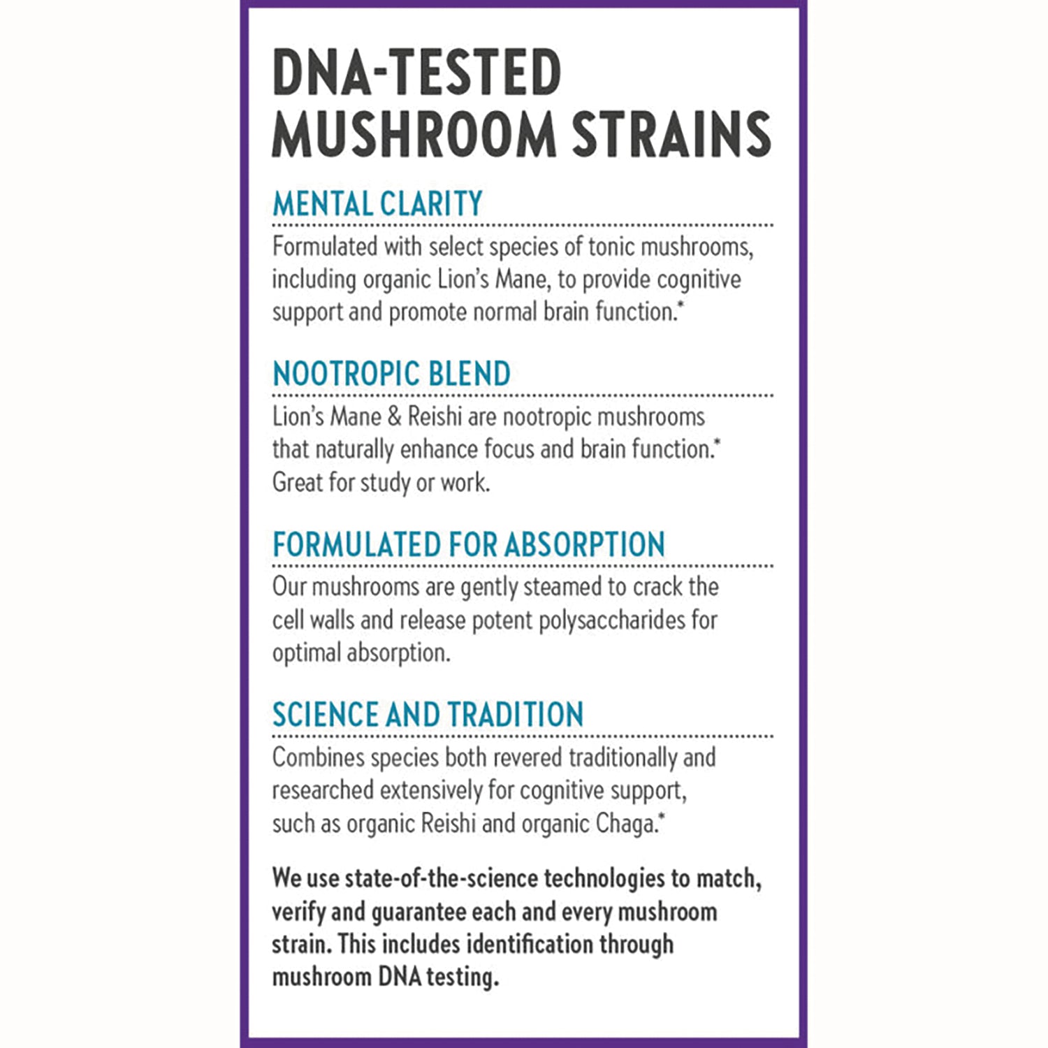 NWC267 | Product infographic titled DNA-tested mushroom strains listing benefits: mental clarity, nootropic blend, absorption