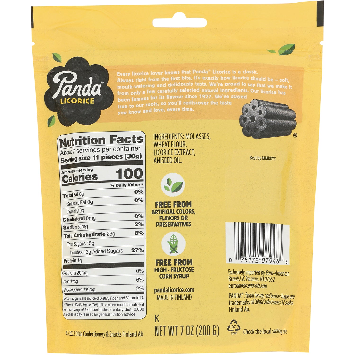 PND001 | Back of yellow Panda Licorice bag showing Nutrition Facts panel, ingredients, barcode and net wt 7 oz