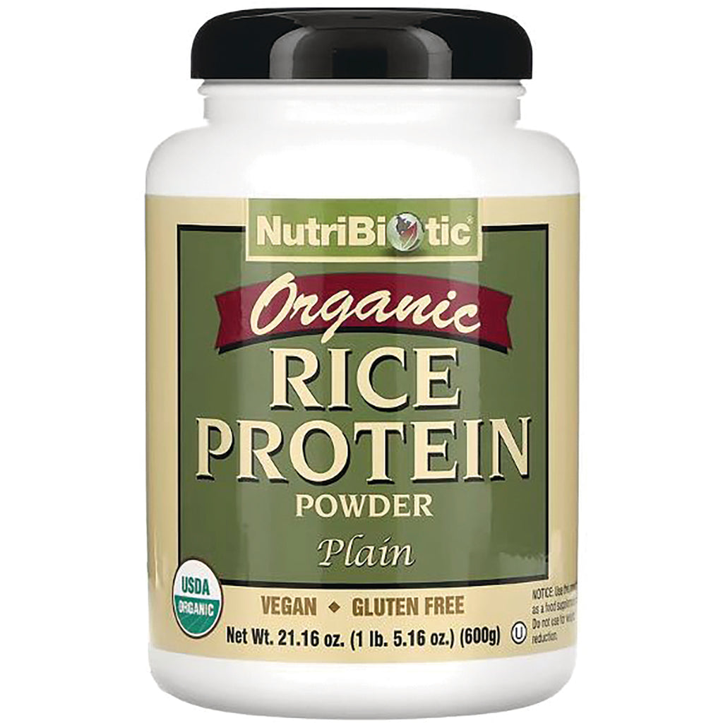 NUB018 | NutriBiotic Organic Rice Protein Powder plain jar, vegan gluten free, 21.16 oz (600g) front - Thumbnail