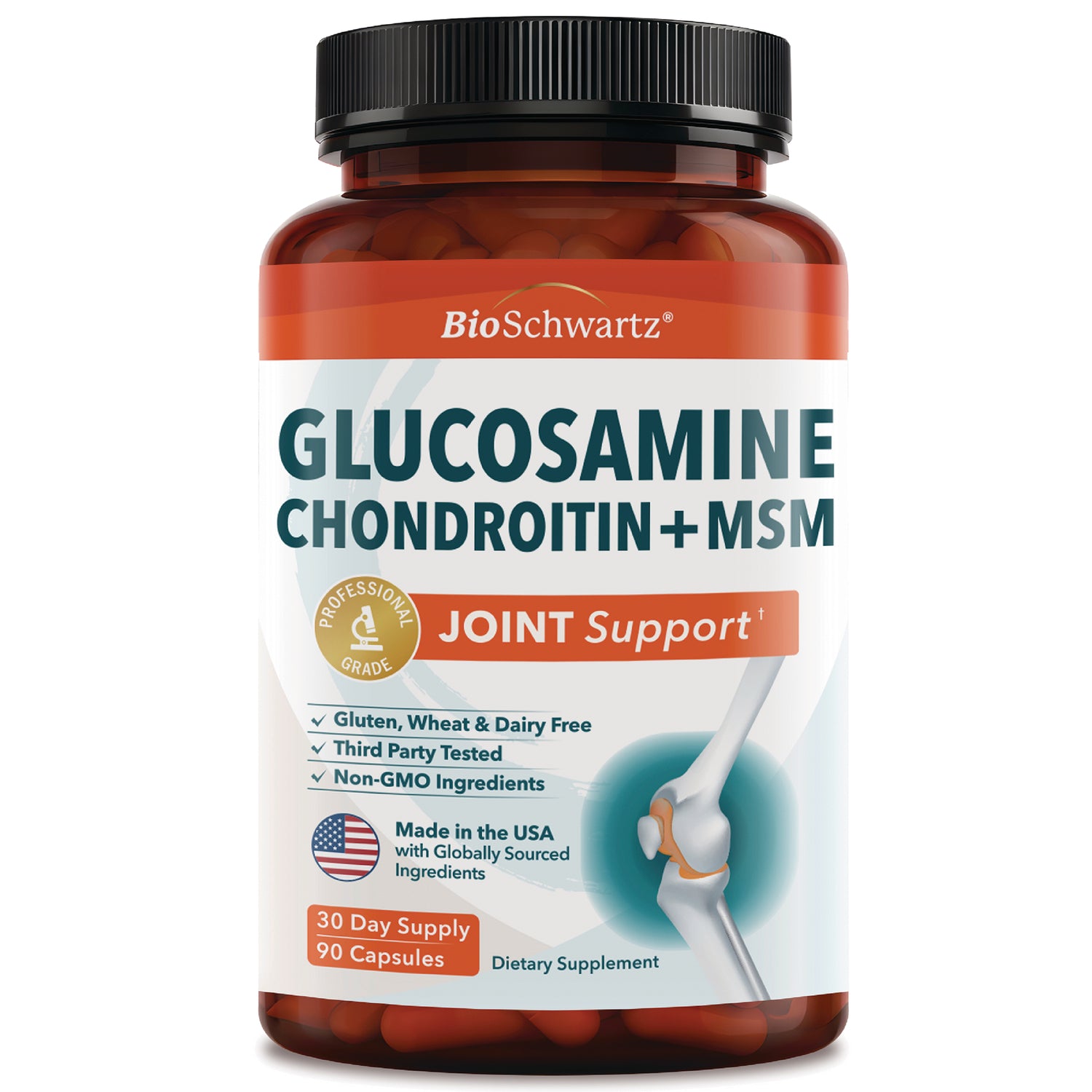 BSZ028 | BioSchwartz Glucosamine Chondroitin + MSM joint support bottle front label, 90 ct, Made in USA