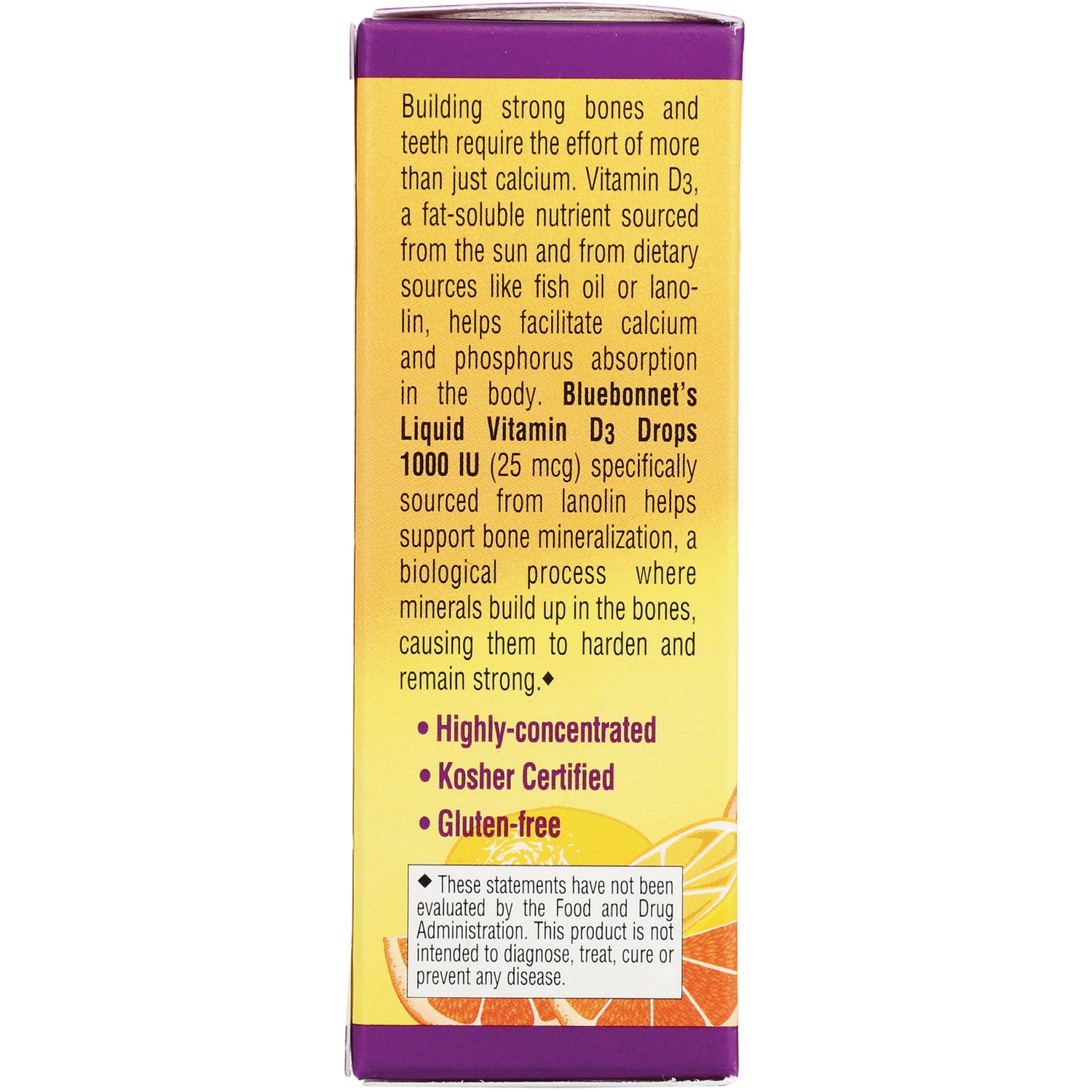 BLU096 | Bluebonnet Liquid Vitamin D3 Drops 1000 IU side panel with benefits, kosher certified, gluten-free and FDA disclaimer