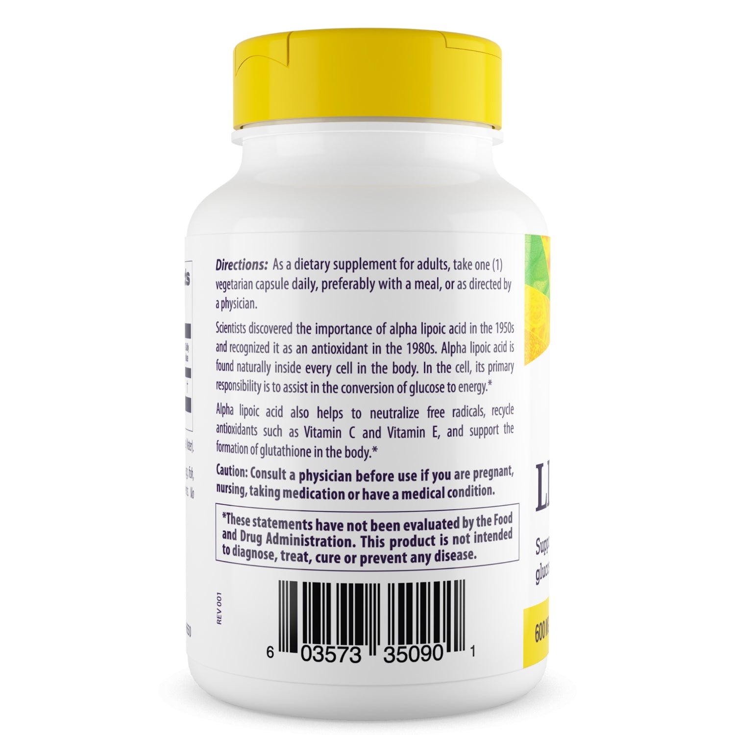 HRG052 | Back label of white supplement bottle showing directions, caution text and barcode