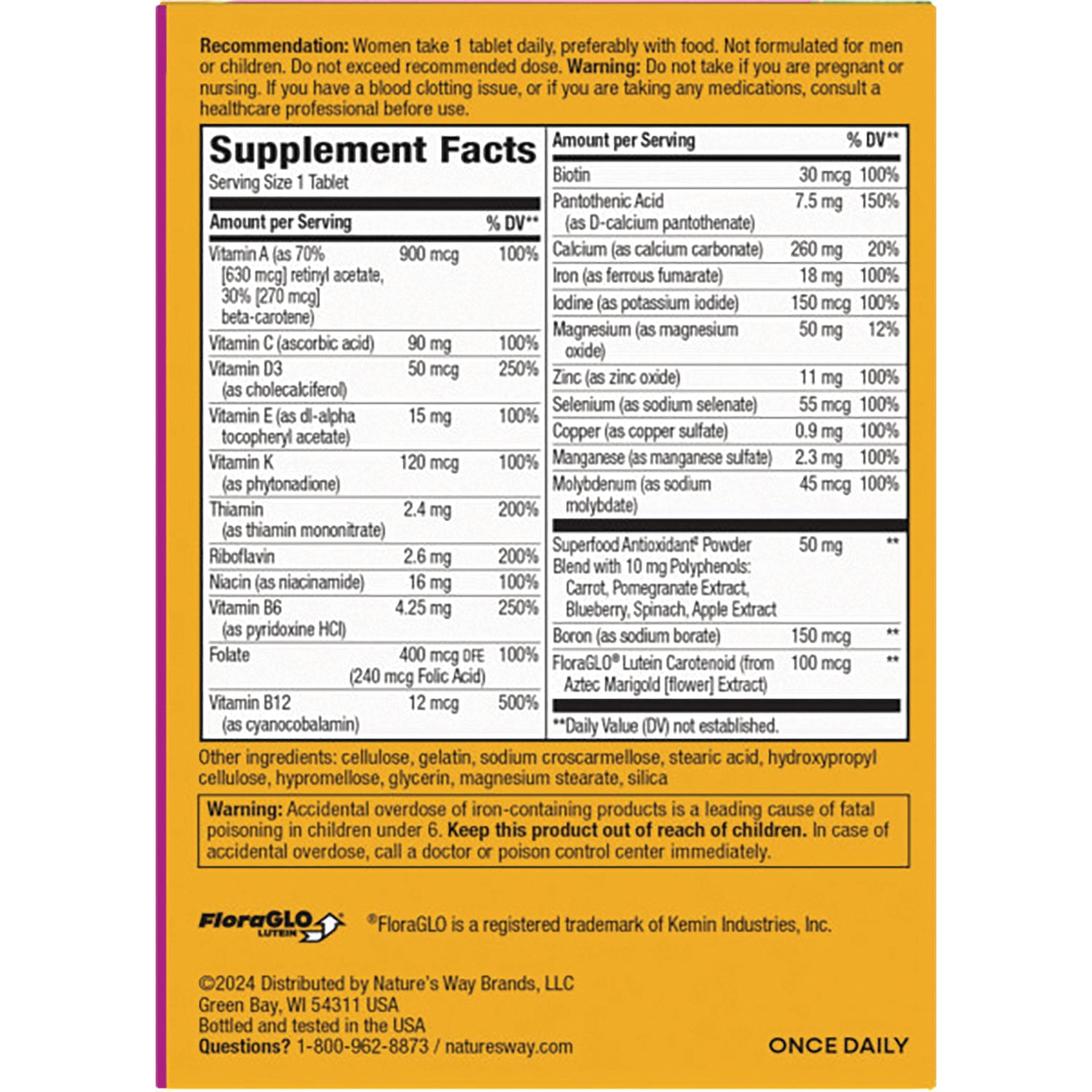 NW1015 | Supplement Facts back panel showing vitamins and minerals, warnings, and other ingredients