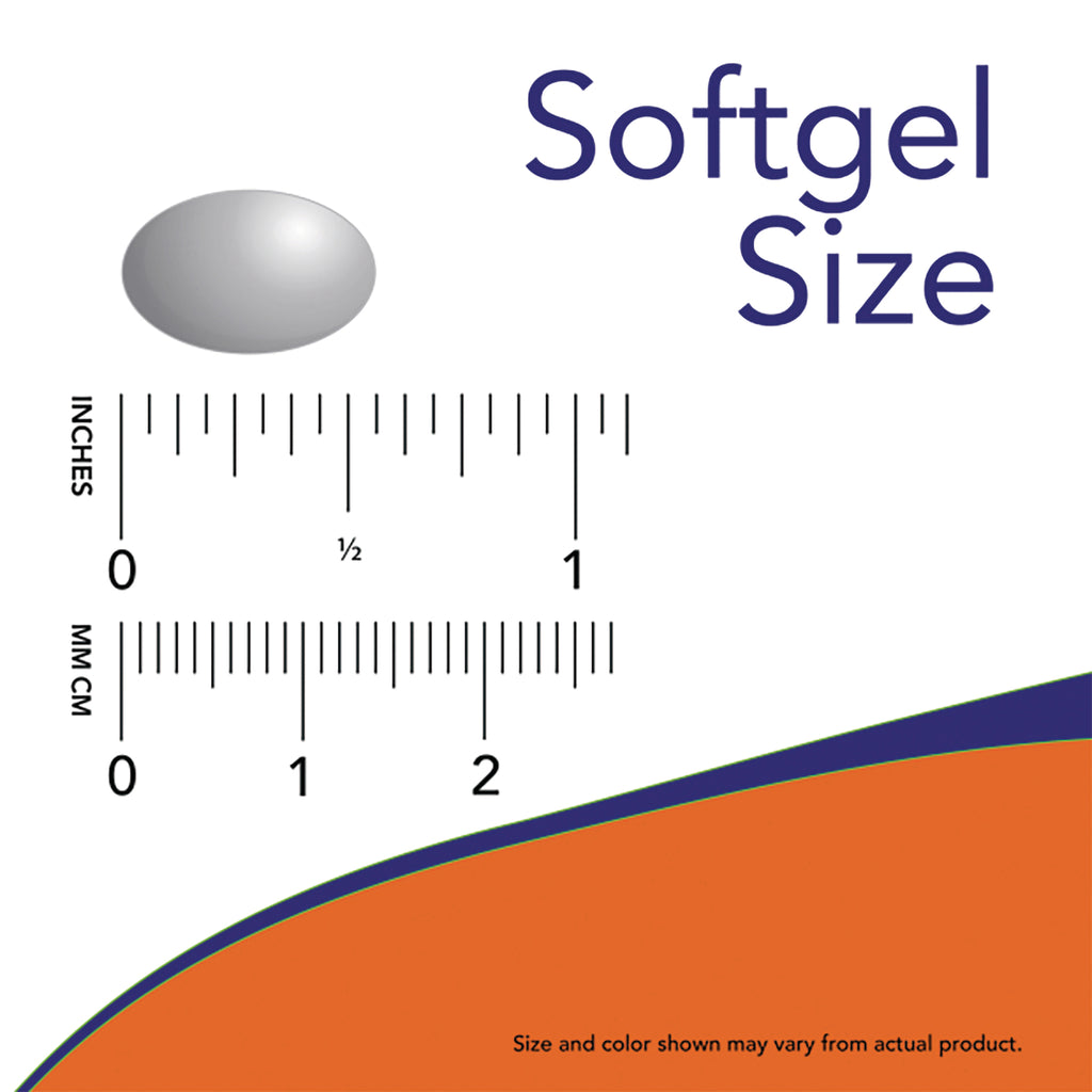 NWF1369 | Softgel Size diagram with gray softgel and rulers showing inches and centimeters, labeled Softgel Size - Thumbnail