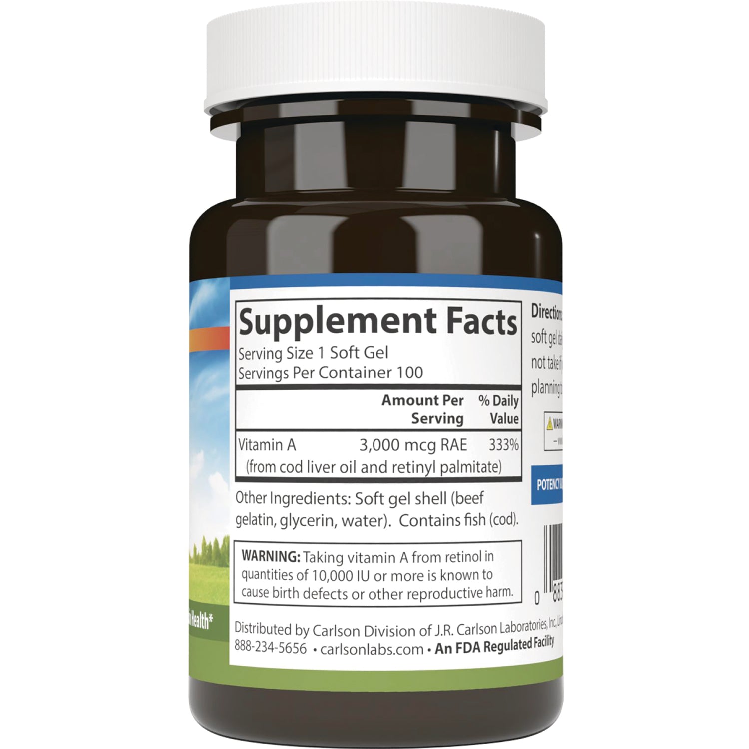 CSN185 | Supplement Facts label on bottle showing Serving Size 1 Soft Gel, Vitamin A 3,000 mcg RAE, ingredients and warning