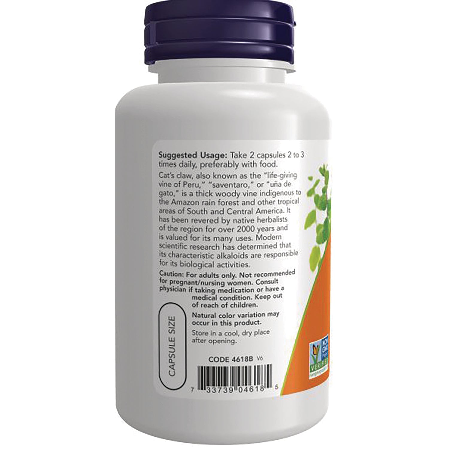NWF464 | back label showing suggested usage, caution text, barcode and capsule size on white supplement bottle