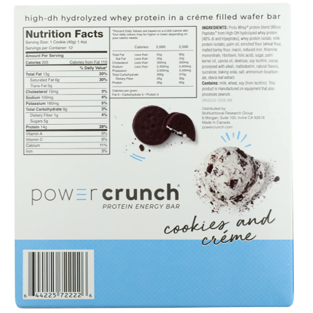 BNR001 | back packaging showing Nutrition Facts and ingredients panel, barcode, and cookies and crme Power Crunch branding - Thumbnail