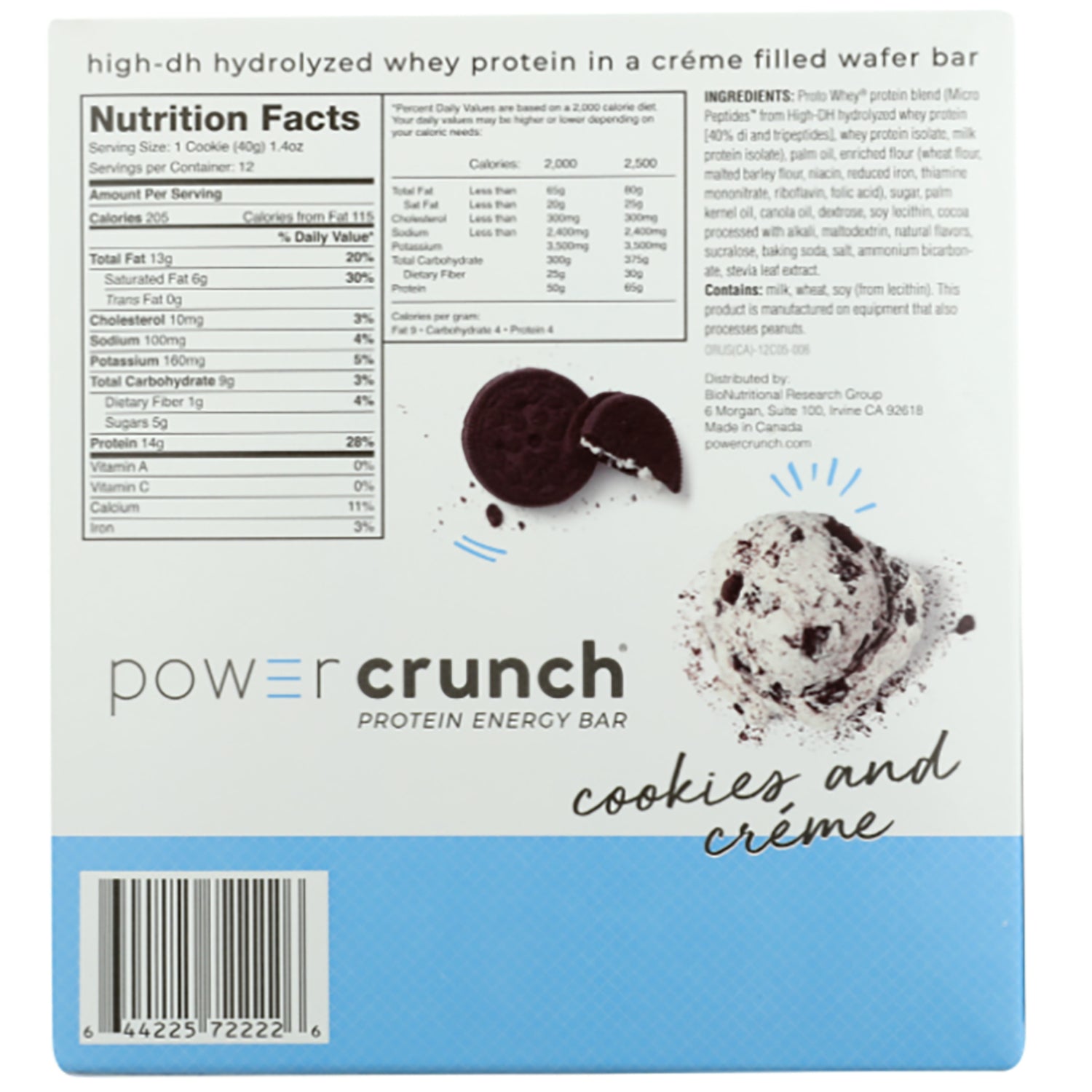 BNR001 | back packaging showing Nutrition Facts and ingredients panel, barcode, and cookies and crme Power Crunch branding