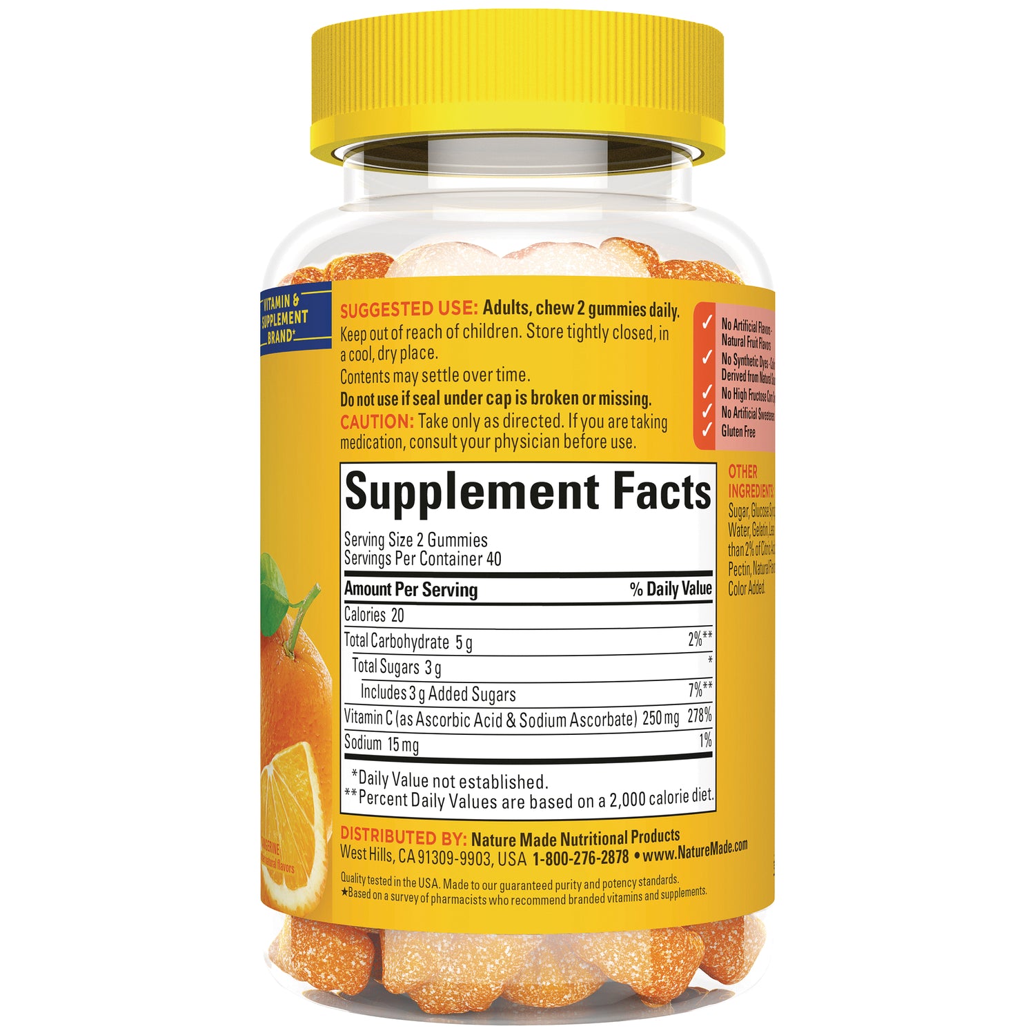 NTM083 | Back label showing Supplement Facts panel, suggested use, and ingredients for orange gummy supplement