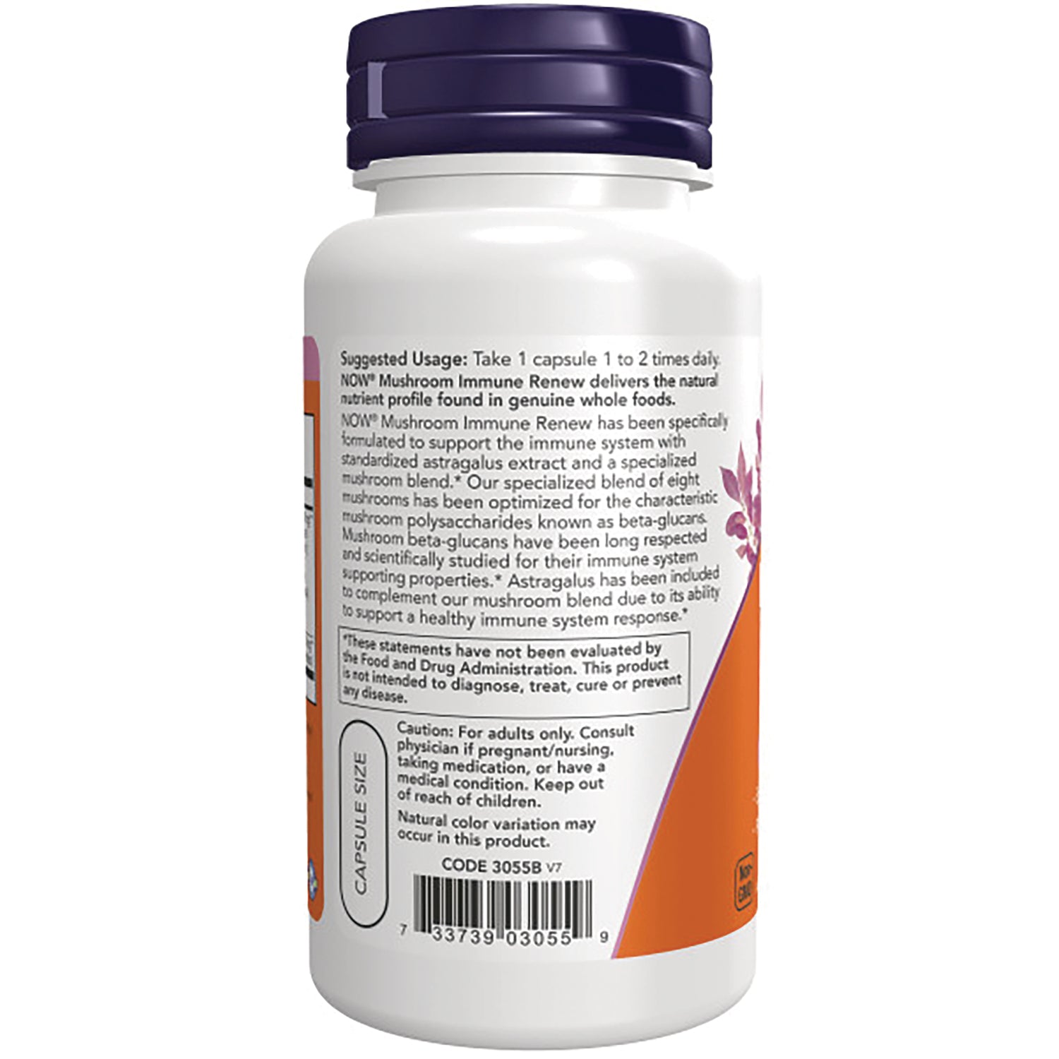 NWF827 | Back label of white supplement bottle with purple cap showing suggested usage, caution text, and barcode