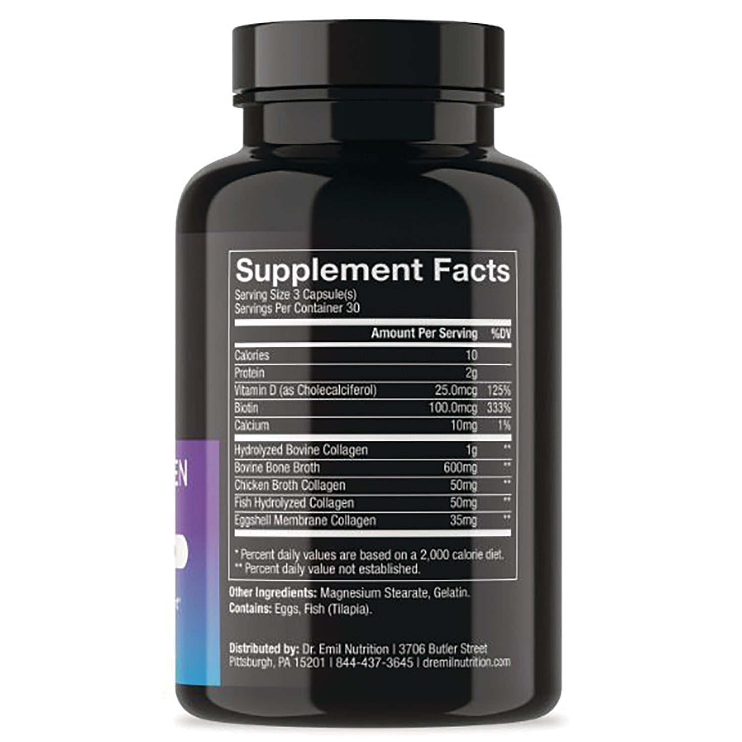 DRE002 | Back of black supplement bottle showing Supplement Facts label and ingredient amounts