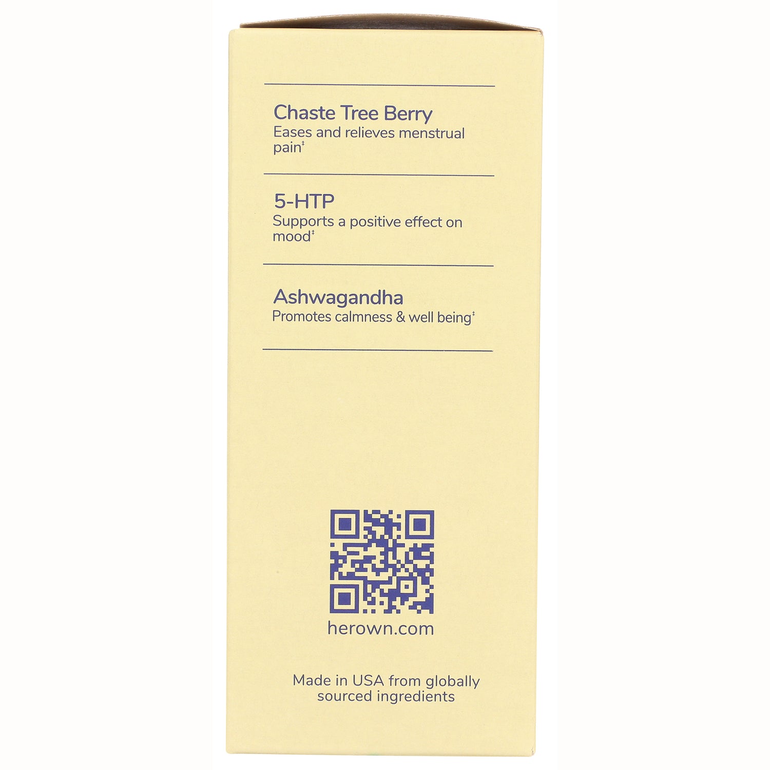 HO003 | Back of pale yellow box listing Chaste Tree Berry, 5-HTP, Ashwagandha with QR code and herown.com