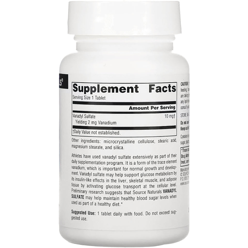 SN521 | Back label with Supplement Facts panel and ingredients for vanadyl sulfate tablets - Thumbnail