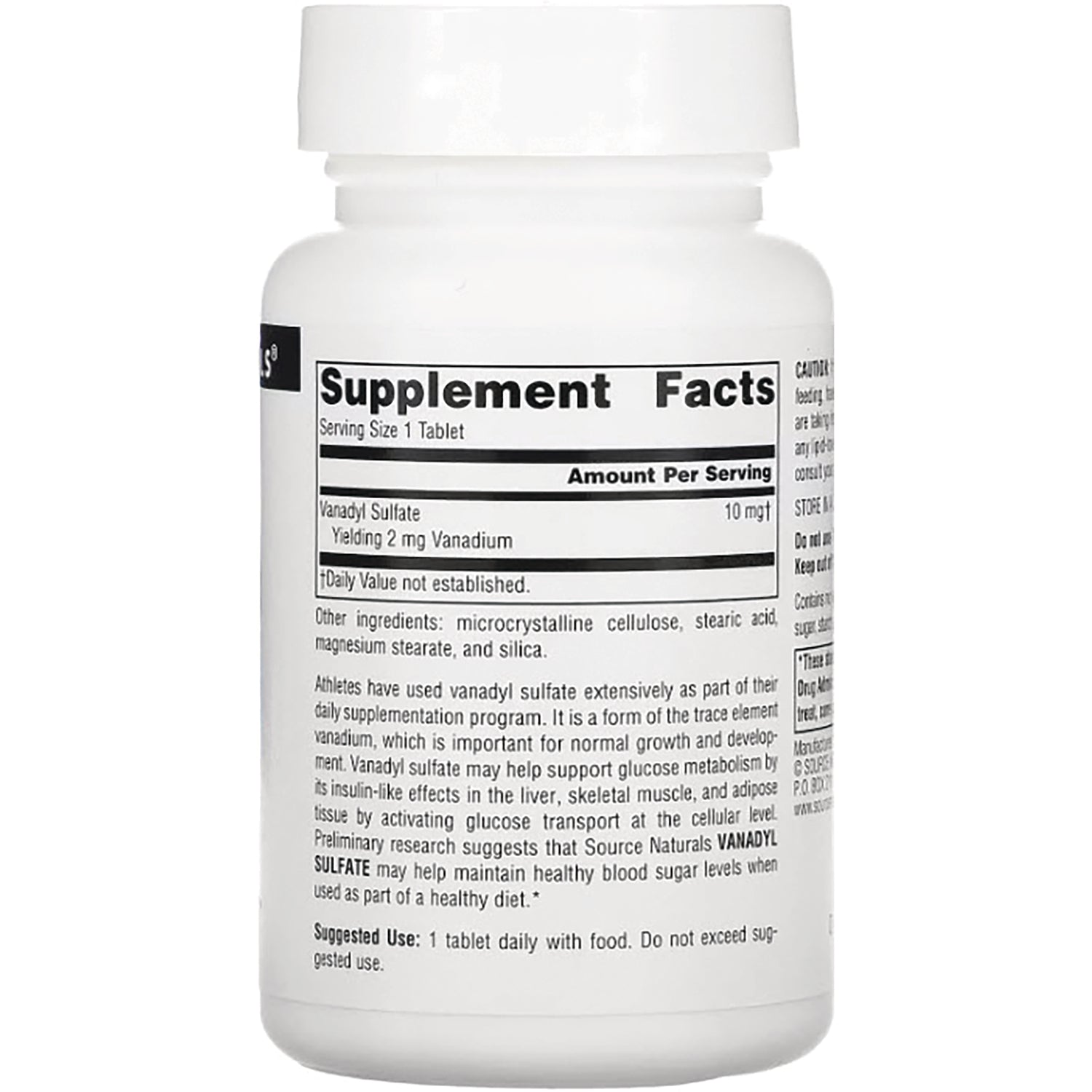 SN521 | Back label with Supplement Facts panel and ingredients for vanadyl sulfate tablets