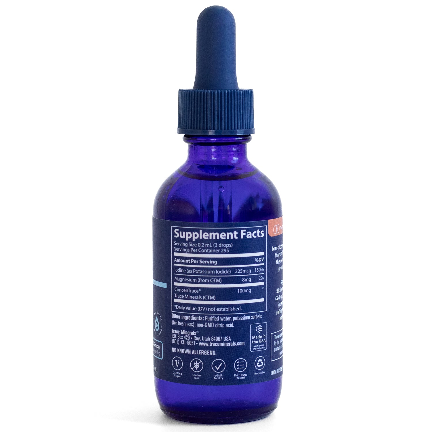 TM083 | Back of blue dropper bottle showing Supplement Facts panel and ingredients