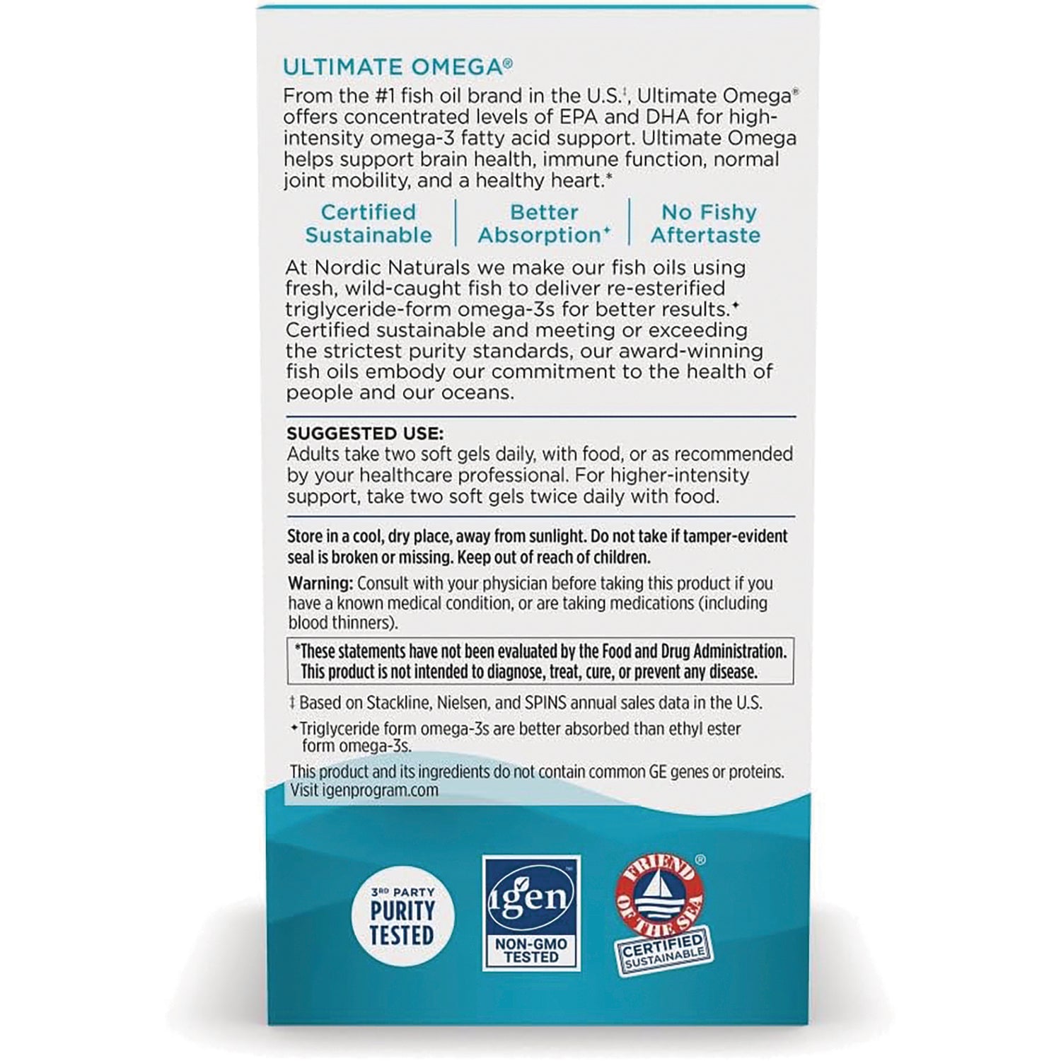 NRN009 | Back of Ultimate Omega box showing suggested use, warnings, and certification icons