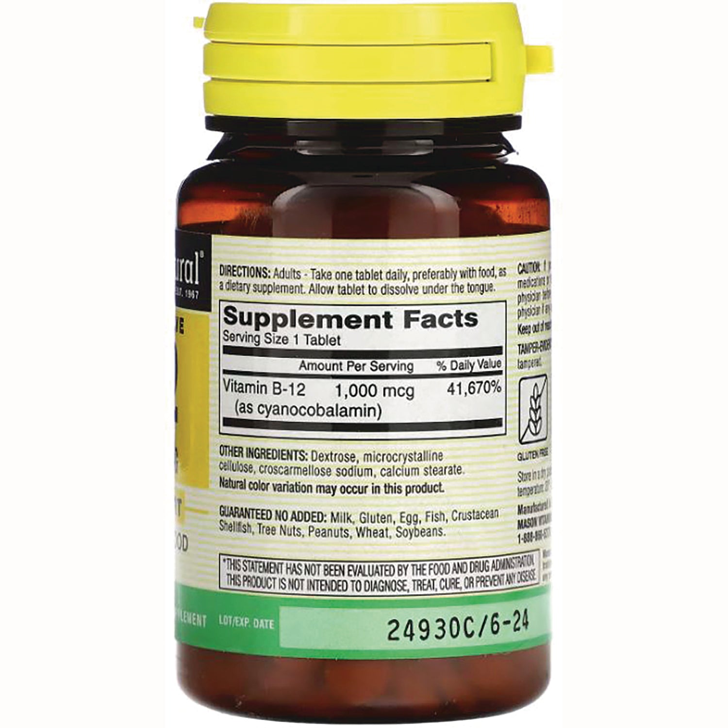 MSN001 | back of brown supplement bottle showing Supplement Facts panel with Vitamin B-12 1,000 mcg and ingredient list