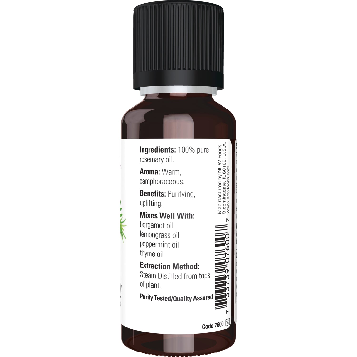 NWF149 | Back label of amber essential oil bottle reading Ingredients: 100% pure rosemary oil, Aroma: Warm, Benefits: Purifying, Mixes Well With, Extraction Method
