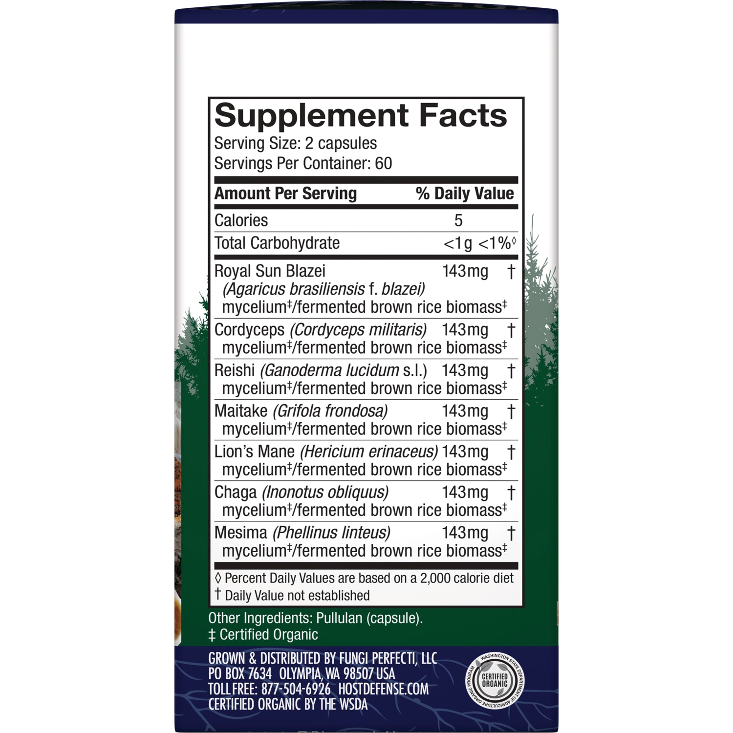 FUN026 | Supplement Facts back panel showing Serving Size 2 capsules and mushroom ingredients with amounts