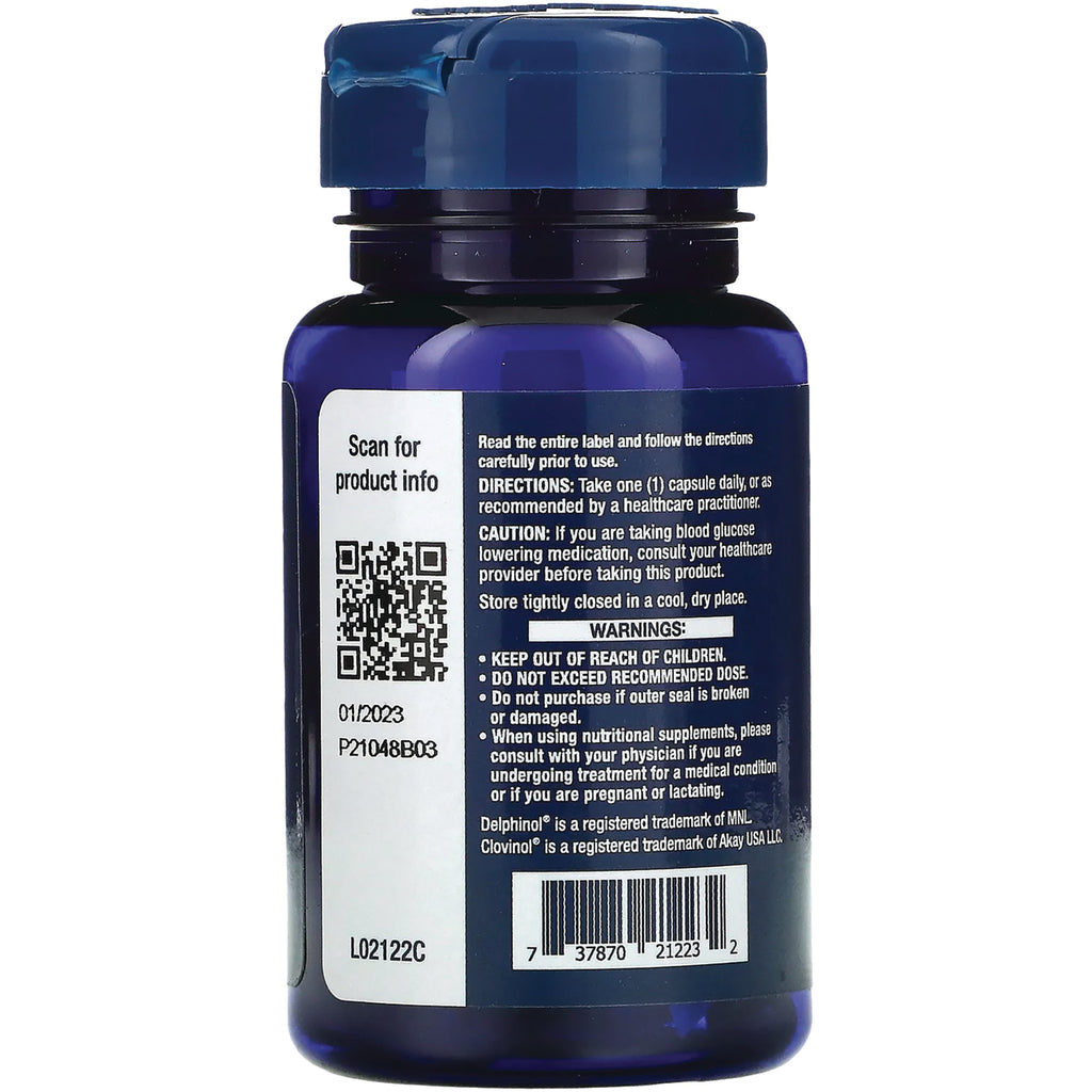 LE430 | Back of blue supplement bottle showing label with warnings, QR code, barcode and lot code L02122C - Thumbnail