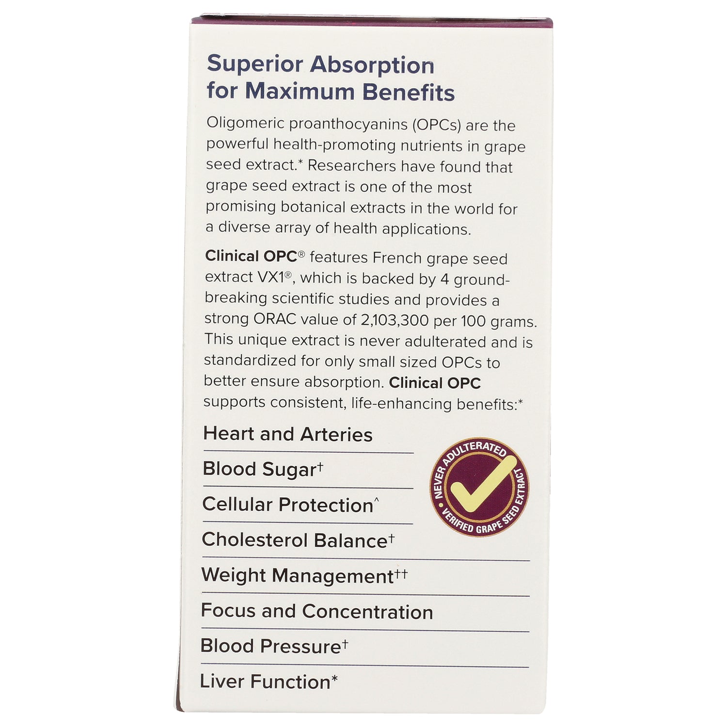 EUR056 | back of supplement box with text Superior Absorption for Maximum Benefits and a list of health benefits