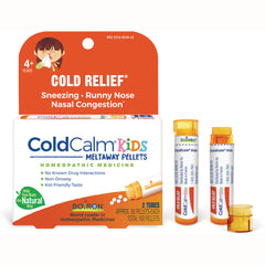 BRN041 | ColdCalm Kids Meltaway Pellets box with two orange-capped tubes, kid cold relief packaging