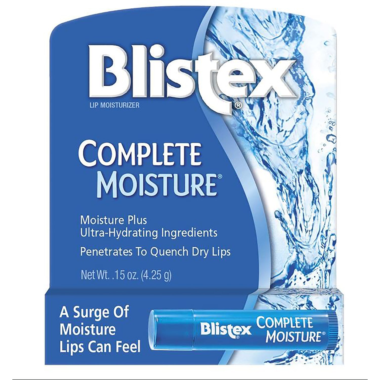 BLS005 | Blistex Complete Moisture lip balm front packaging with tube and water splash graphic