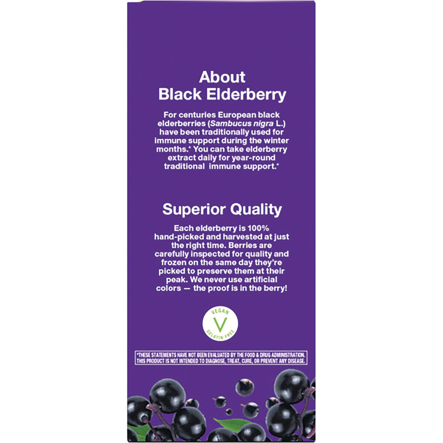 NW660 | purple product infographic about Black Elderberry, Superior Quality text, vegan icon and elderberry berries