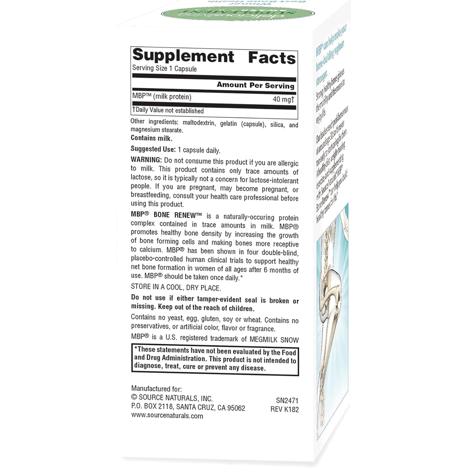 SN549 | Back label with Supplement Facts panel, other ingredients, suggested use, warnings, and FDA disclaimer