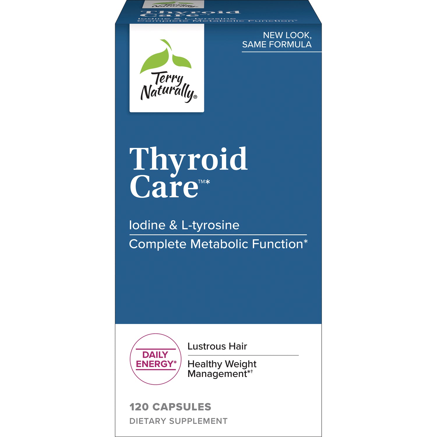 EUR058 | Terry Naturally Thyroid Care supplement box front showing Iodine & L-tyrosine and 120 capsules