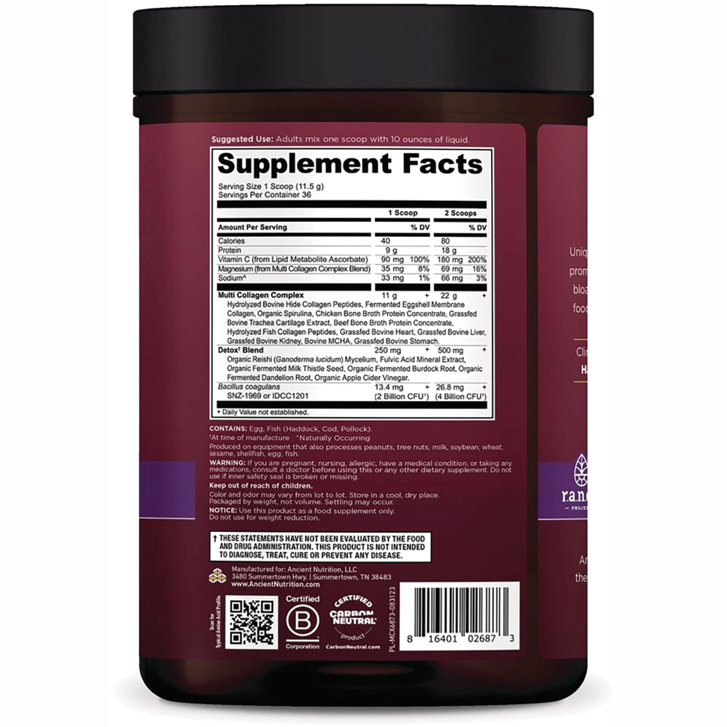ATN128 | Back label showing Supplement Facts panel, ingredients, warnings, and barcode