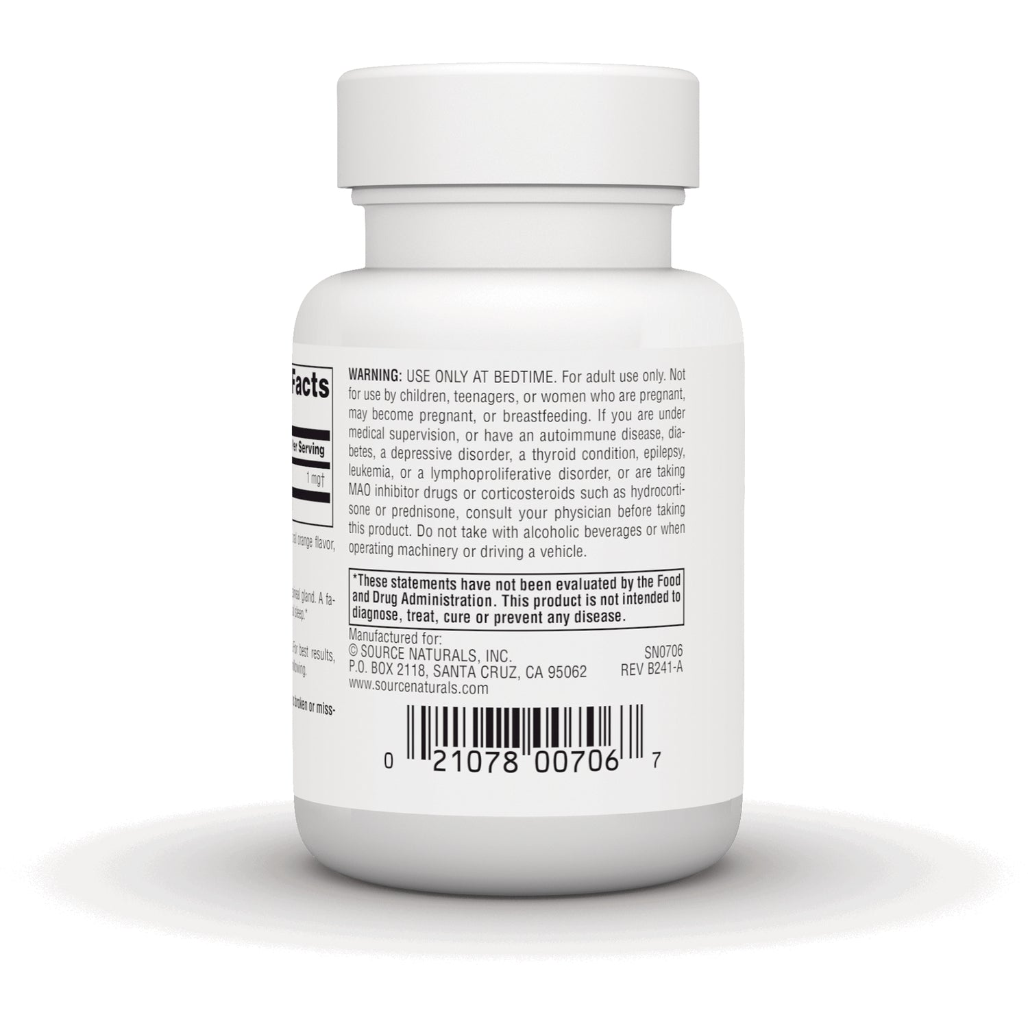 SN172 | Back of white supplement bottle showing warning label, FDA disclaimer and barcode