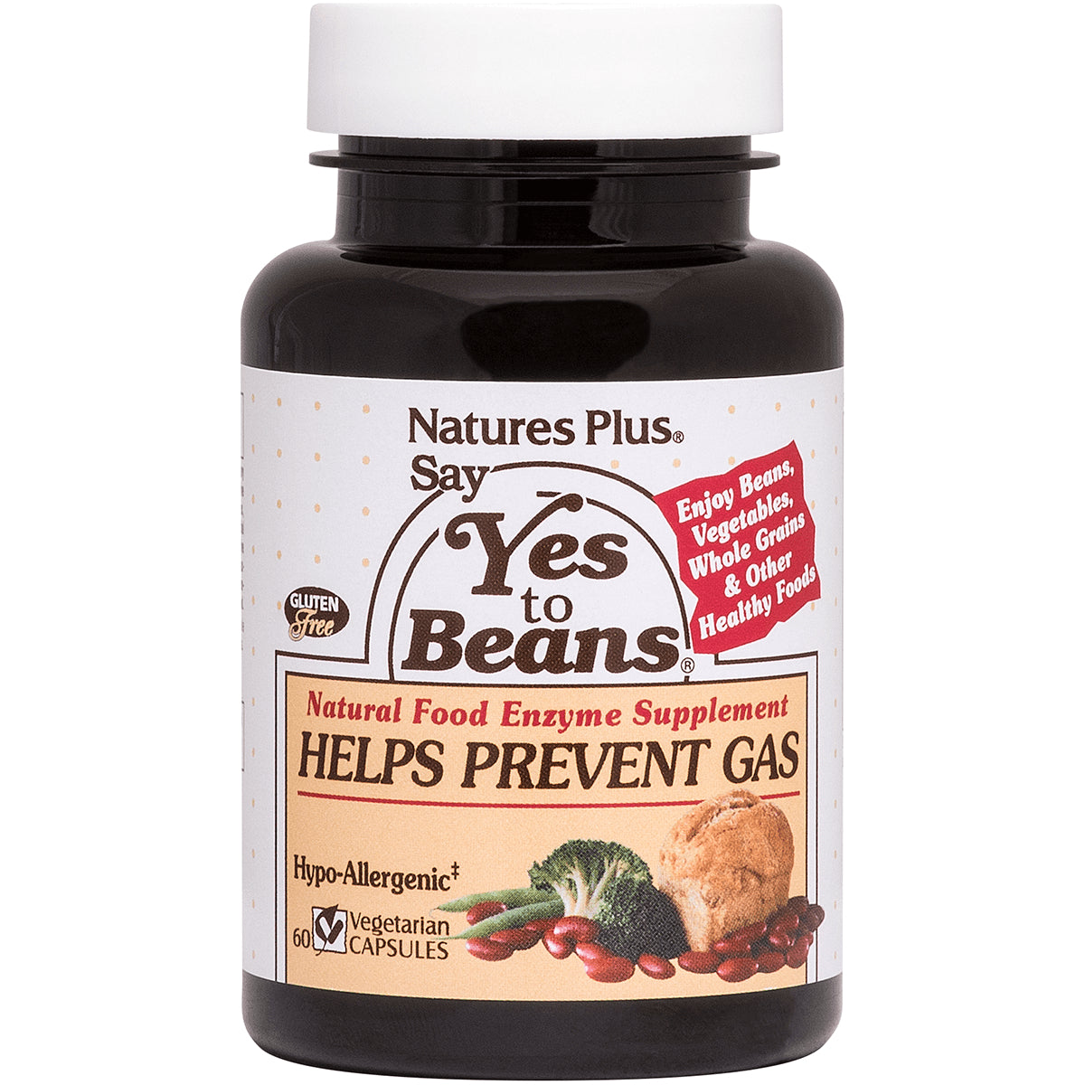 NTP026 | Natures Plus Say Yes to Beans bottle, Helps Prevent Gas natural food enzyme supplement, 60 vegetarian capsules