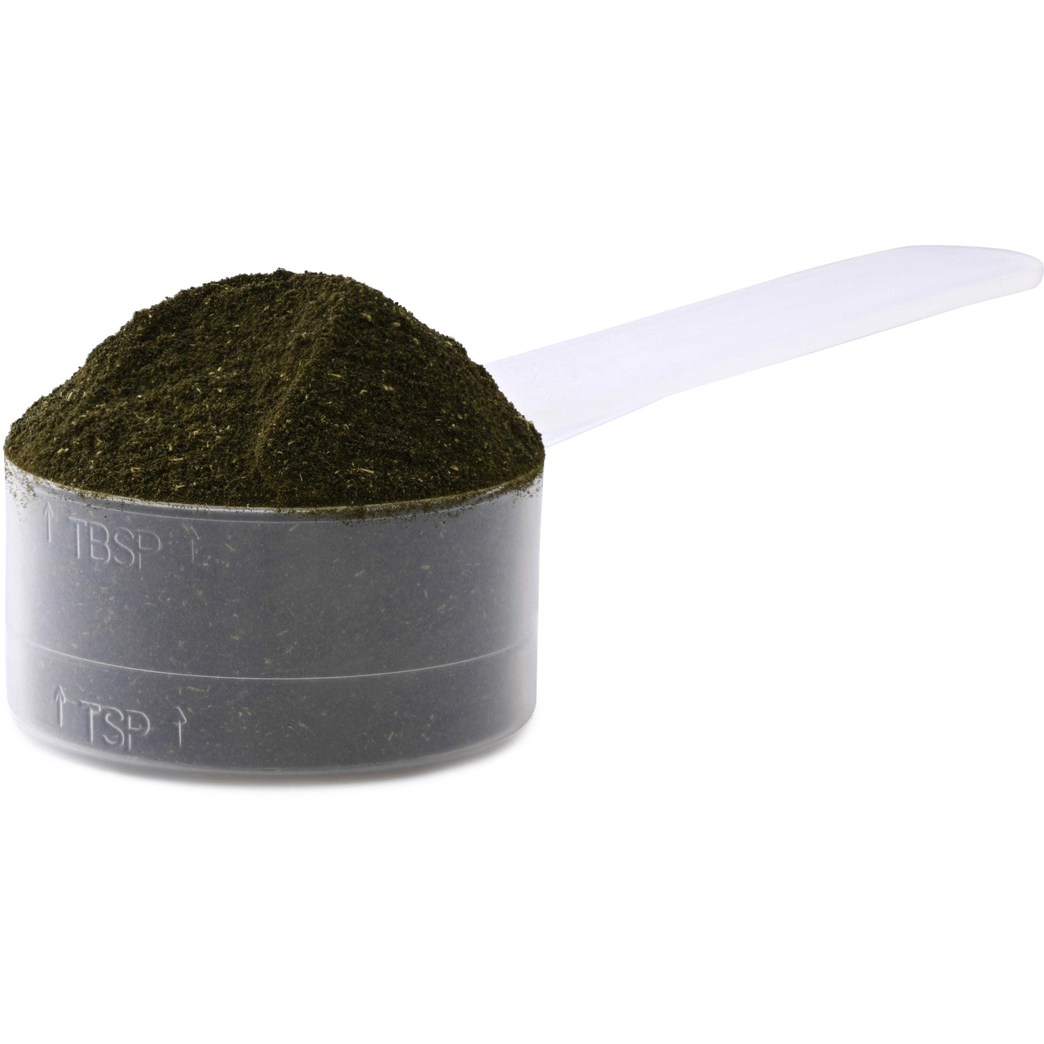 SWR077 | Scoop of dark green powder in a clear measuring scoop labeled 1 TBSP and 1 TSP